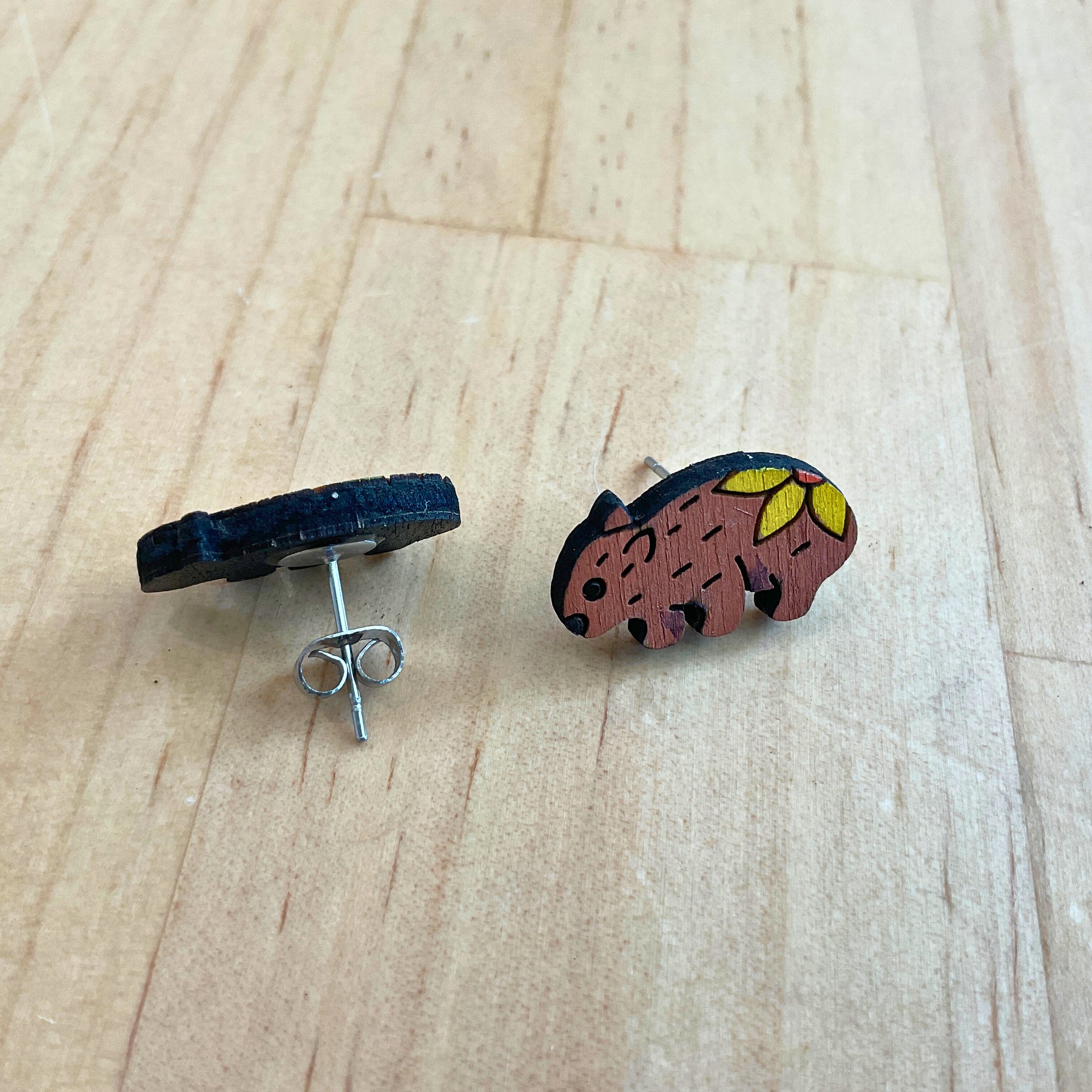Australian animal studs - Wombat - hand painted, wooden earrings