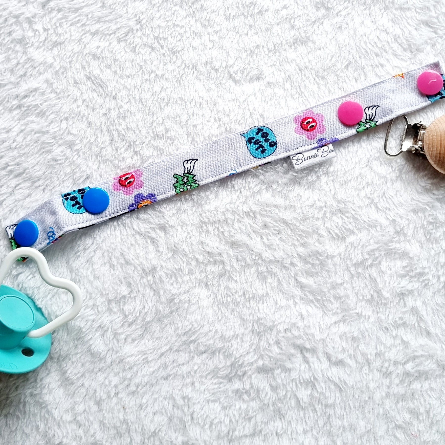 Pacifier Clips, wooden clip, washable, various colours, approx. 20cm long - BB022