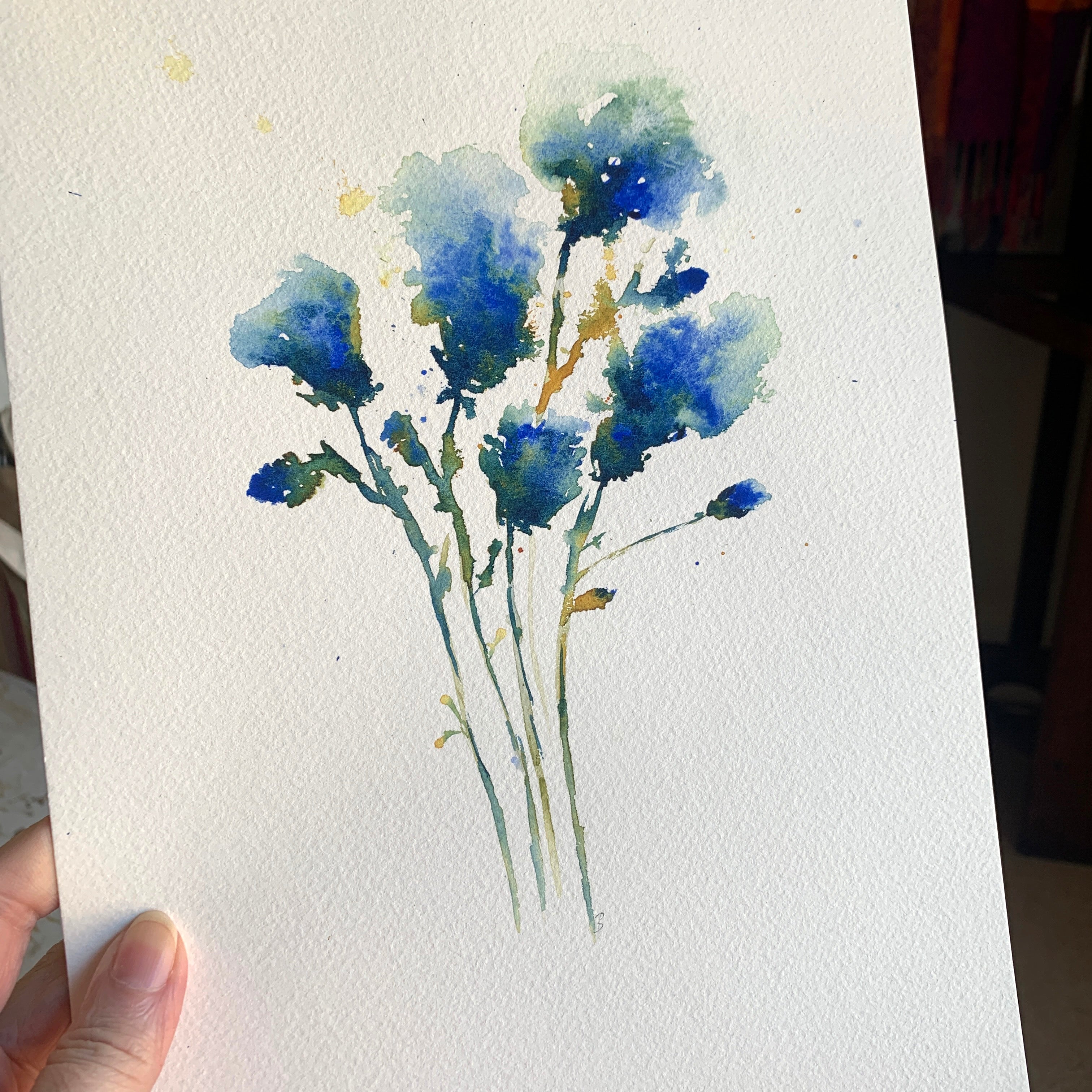 Original Hand-painted Watercolour Artwork - "Cobalt Florals" - A4
