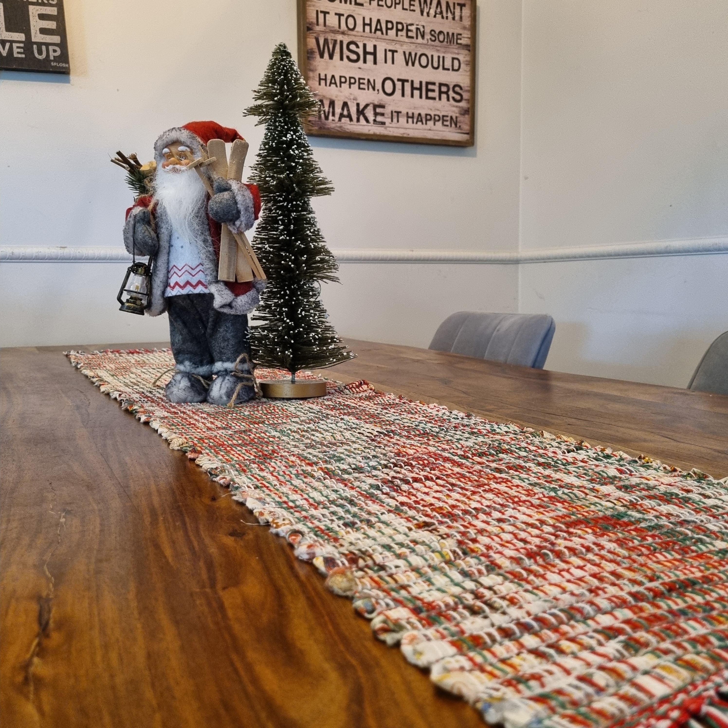 Handwoven Christmas fabric table runner festive print