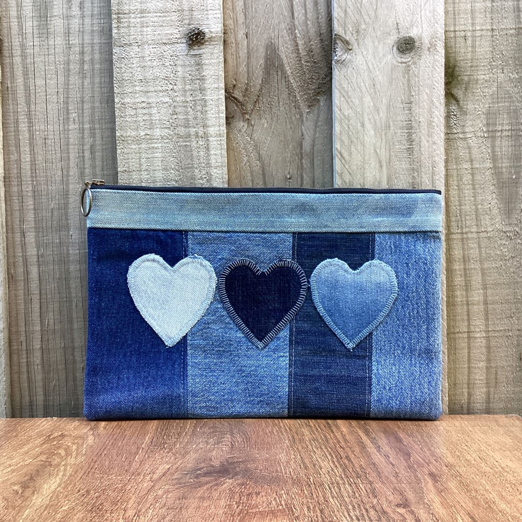 Large Upcycled Denim Pencil case – 3 Denim Hearts