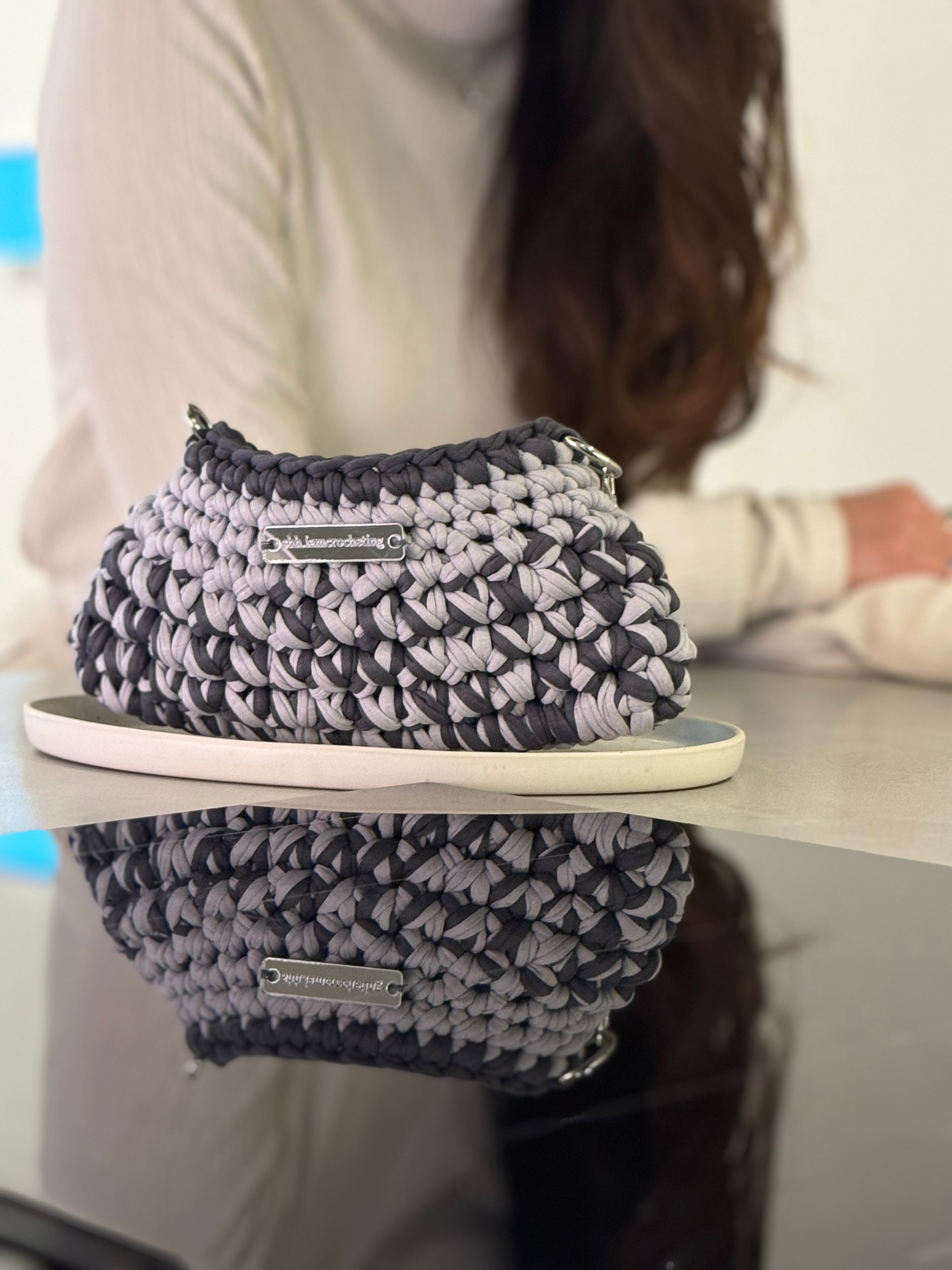 Mini Shoulder Bag | Handmade Crochet Accessary | Light Grey x Charcoal Cotton & Recycled T-shirt Yarn