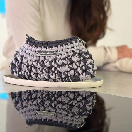 Mini Shoulder Bag | Handmade Crochet Accessary | Light Grey x Charcoal Cotton & Recycled T-shirt Yarn