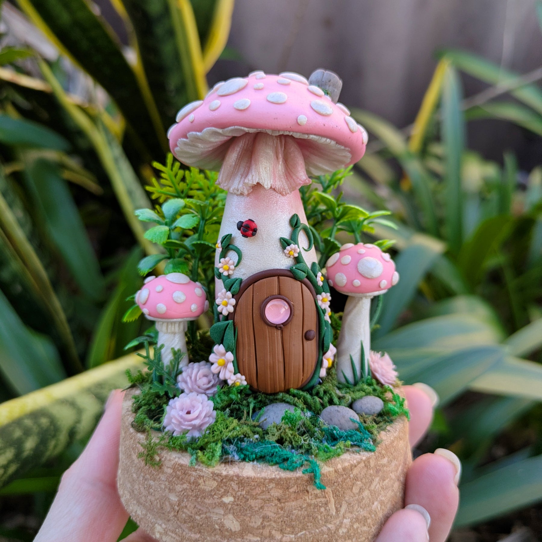 Pink Fairy Mushroom Houses in glass domes
