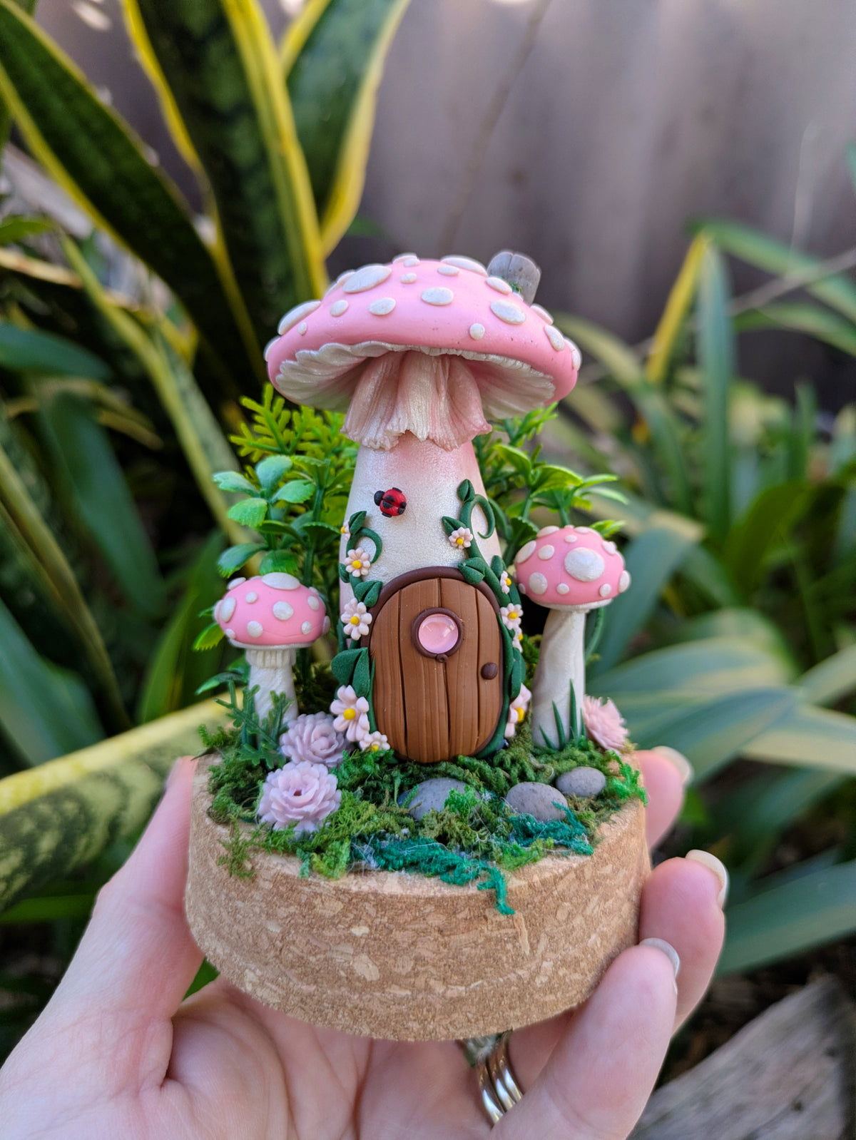 Pink Fairy Mushroom Houses in glass domes