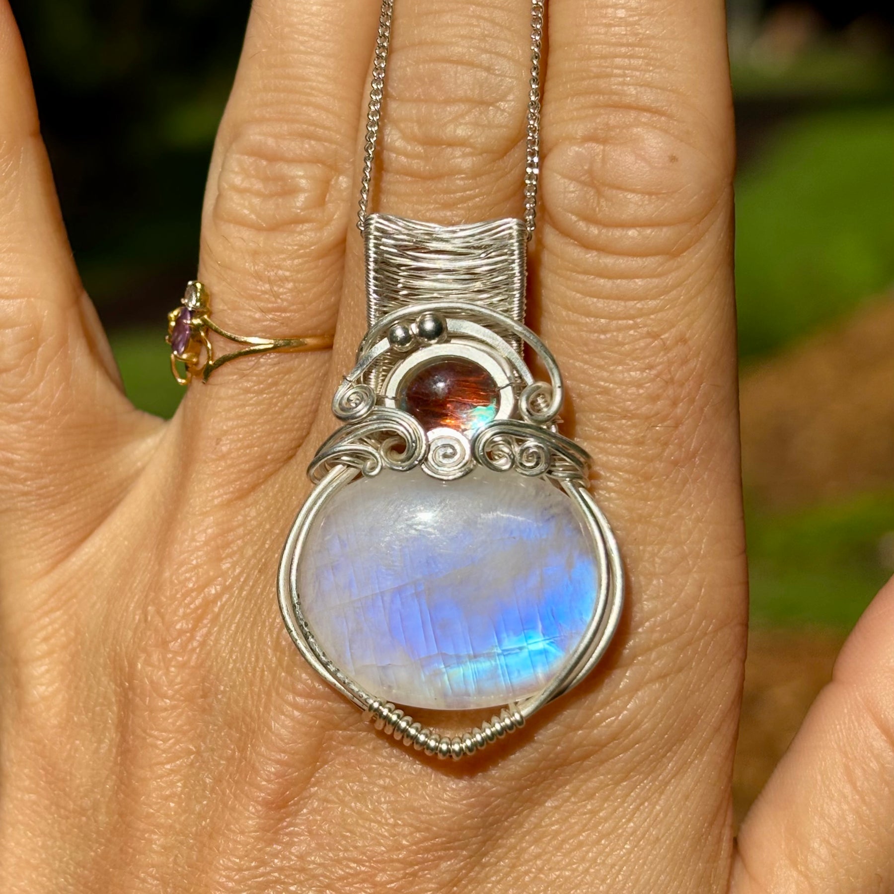 Moonstone Aura Quartz silver crystal pendant