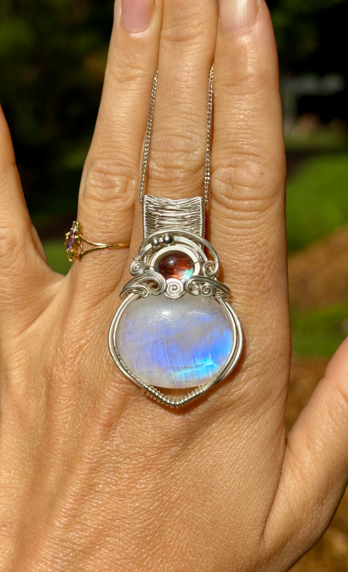Moonstone Aura Quartz silver crystal pendant