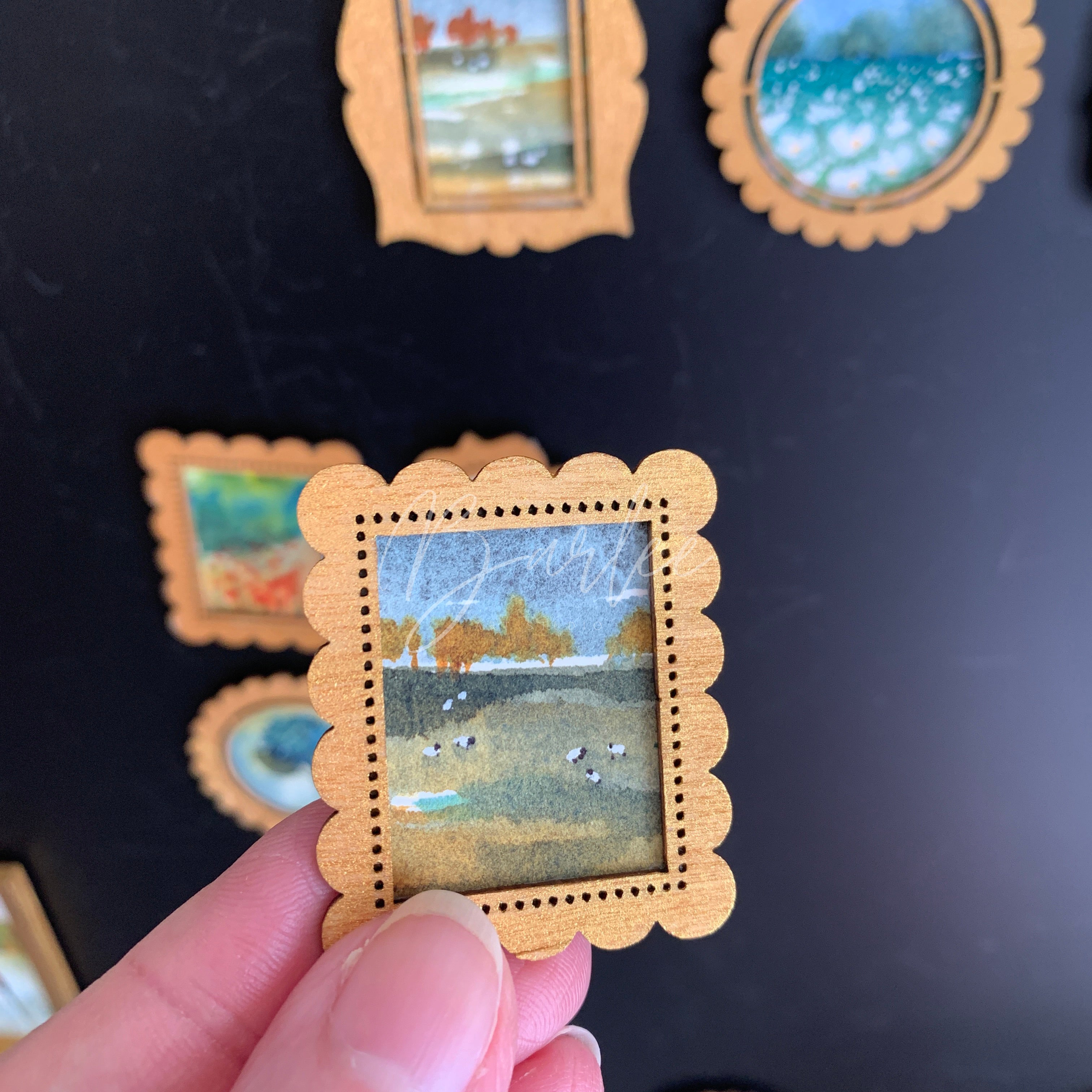 SOLD - Original Hand Painted Fridge Magnet Set - 4 Framed Mini Paintings