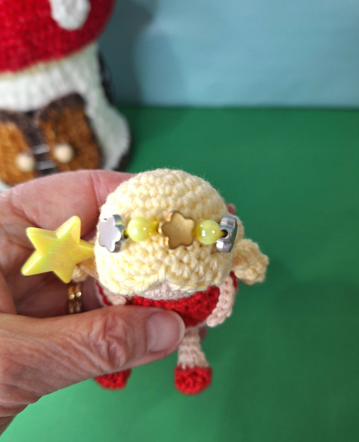 Crocheted Mushroom House Play Set with Two Fairies