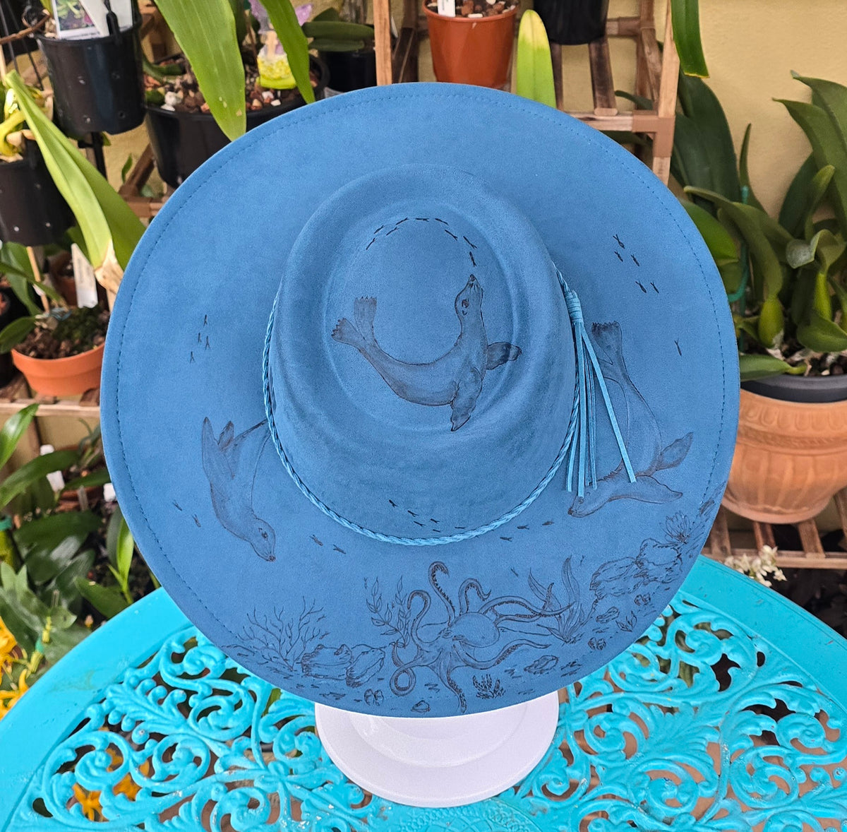 Sea Lion dance - hand burnt round top fedora