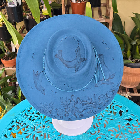 Sea Lion dance - hand burnt round top fedora