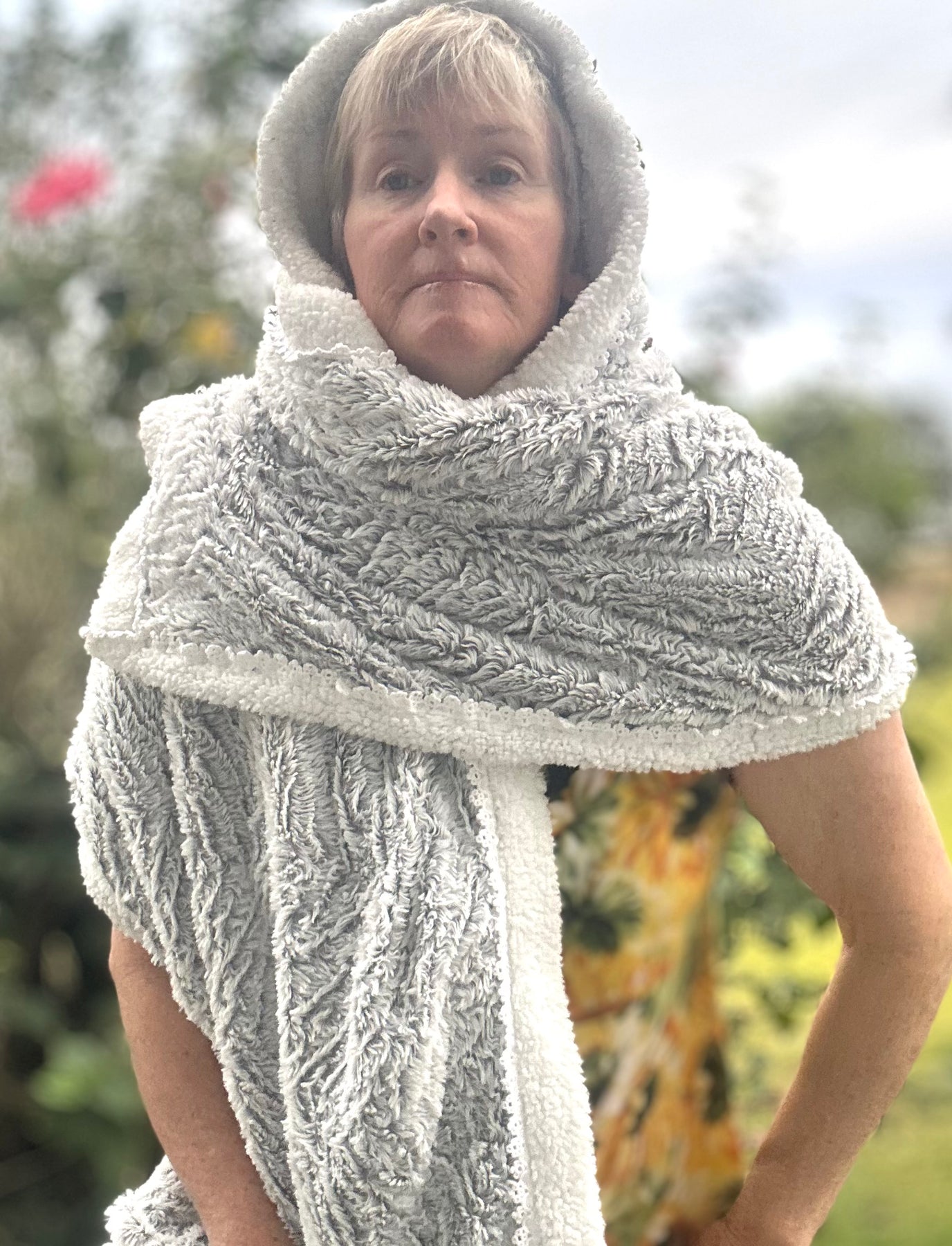 Hooded Grey Blanket Shawl Wrap with Pom Poms