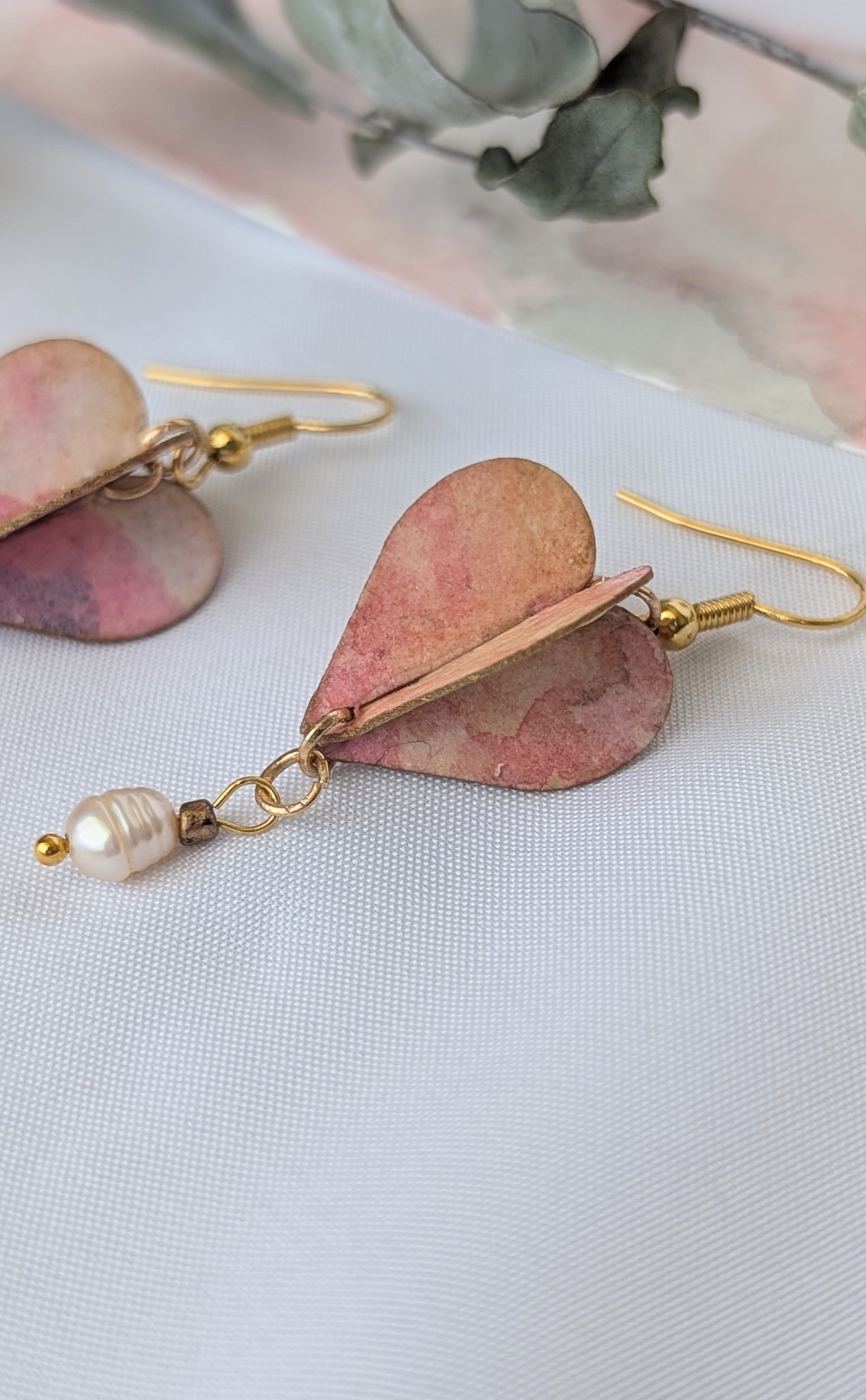 Watercolour Heart Earrings with Freshwater Pearl – Valentine’s Gift – Sustainable Jewellery