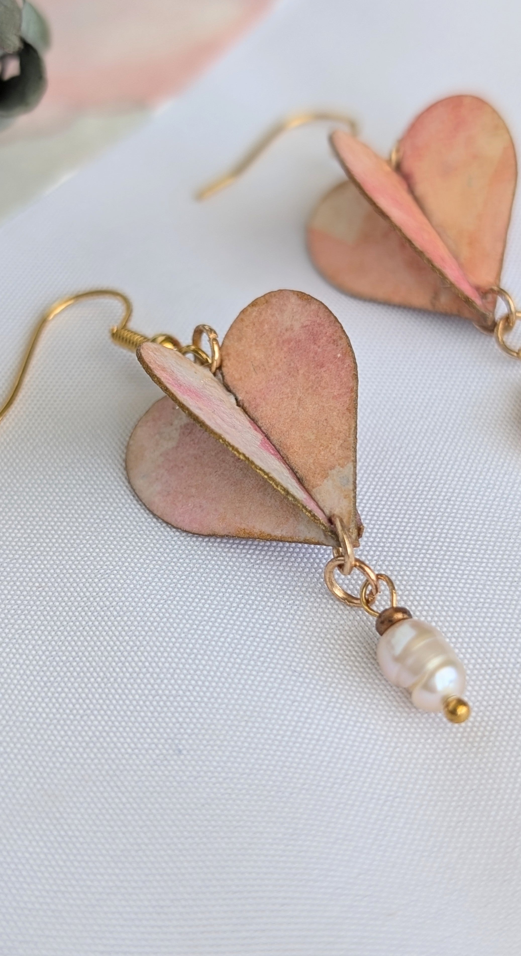 Watercolour Heart Earrings with Freshwater Pearl – Valentine’s Gift – Sustainable Jewellery