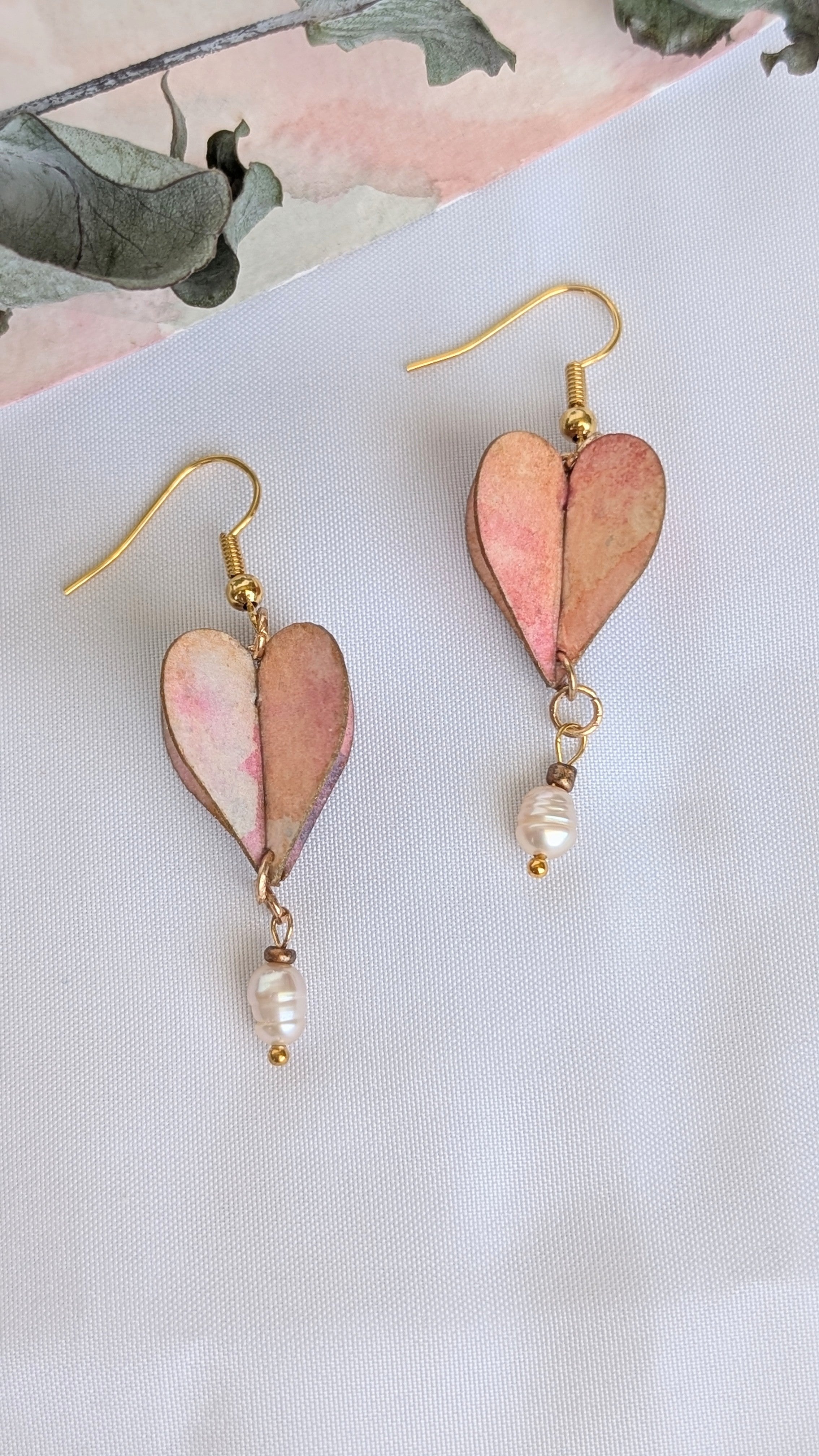 Watercolour Heart Earrings with Freshwater Pearl – Valentine’s Gift – Sustainable Jewellery
