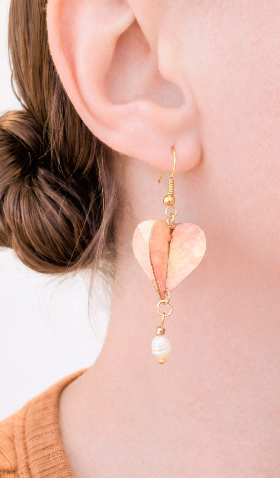 Watercolour Heart Earrings with Freshwater Pearl – Valentine’s Gift – Sustainable Jewellery