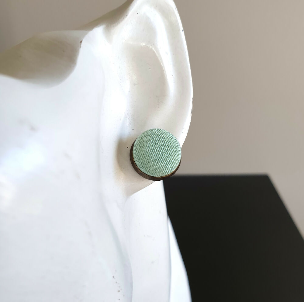 1.4cm Round Pale Green Kimono Fabric Cabochon stud earrings