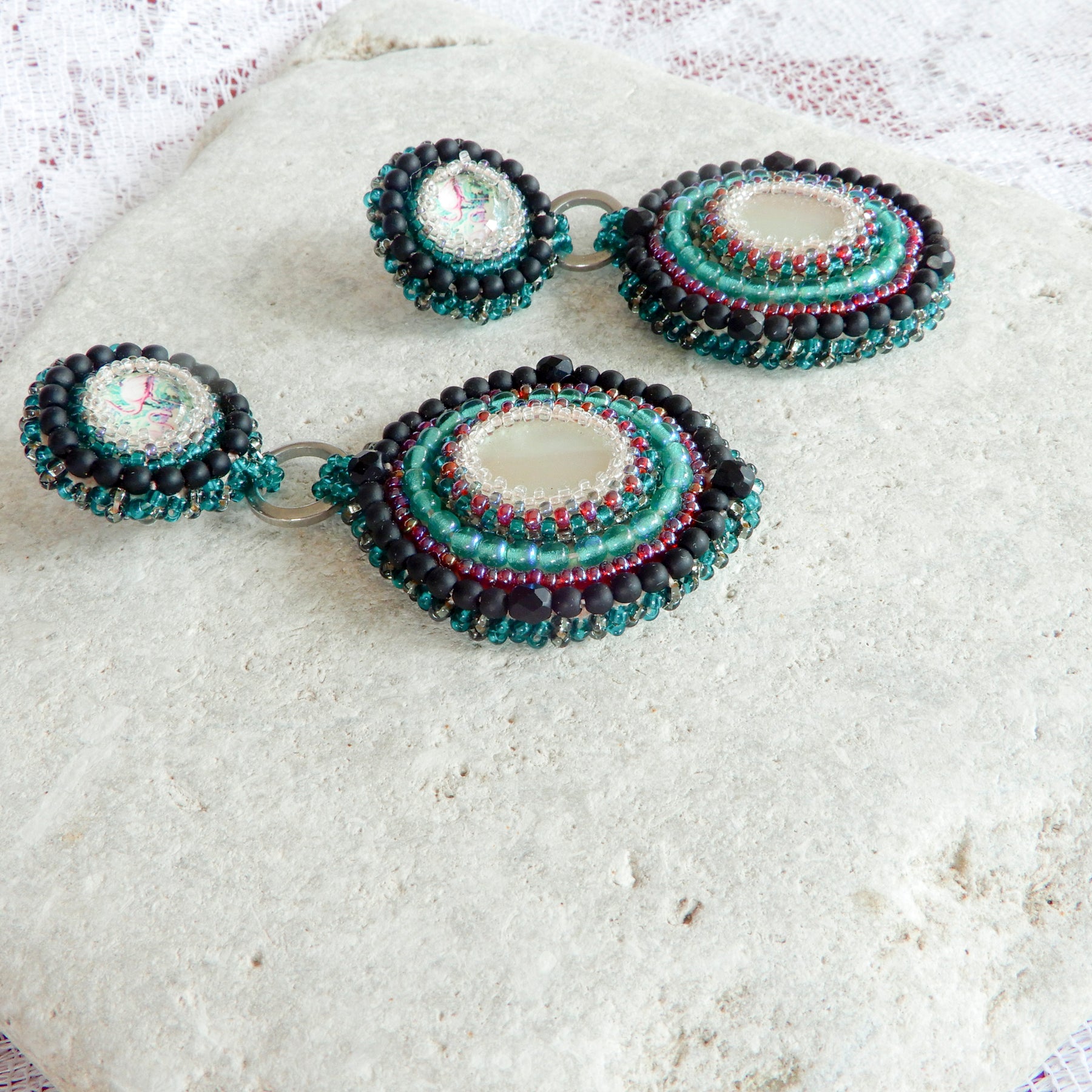 Bead Embroidered Cabochon Earrings in Green & Black