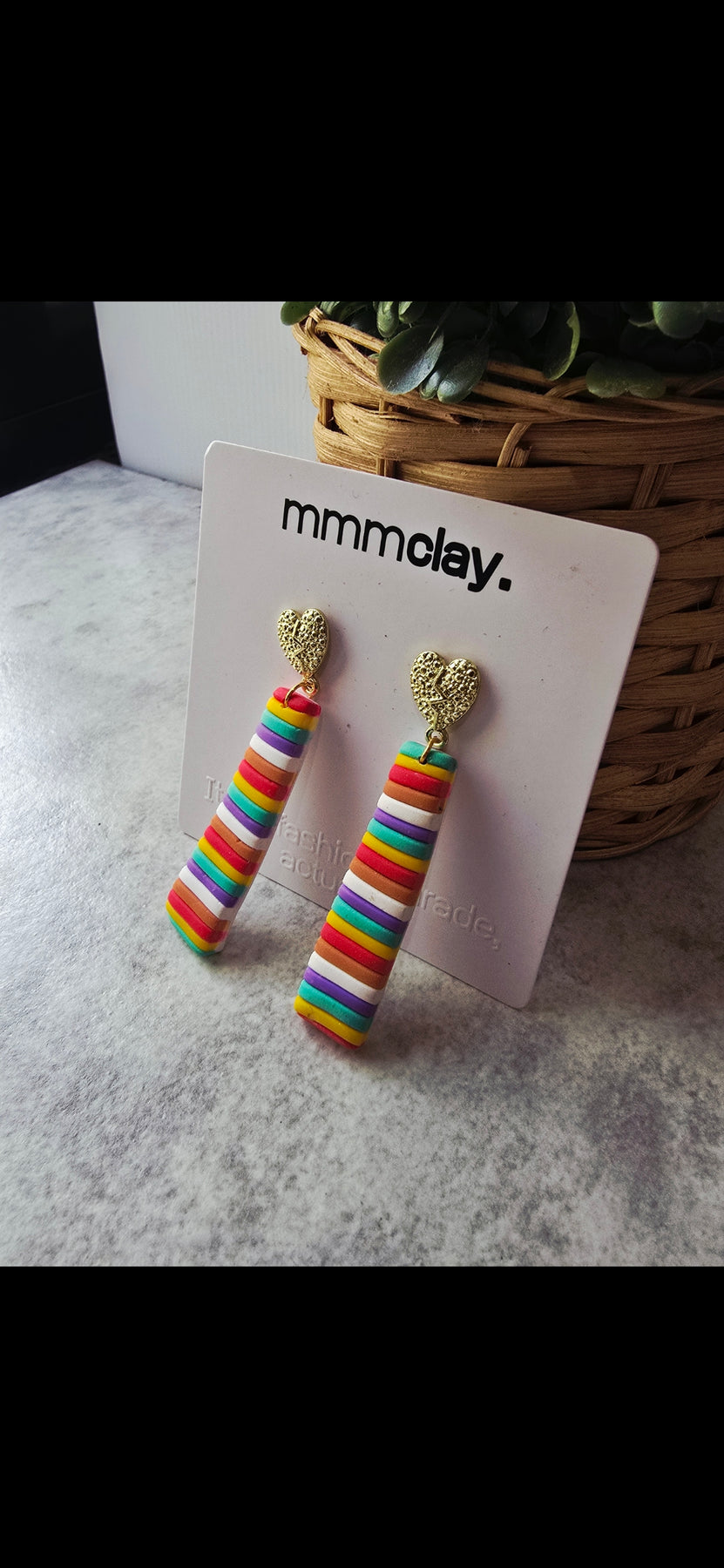 Rainbow Striped Heart Drop Earrings | Handmade Polymer Clay