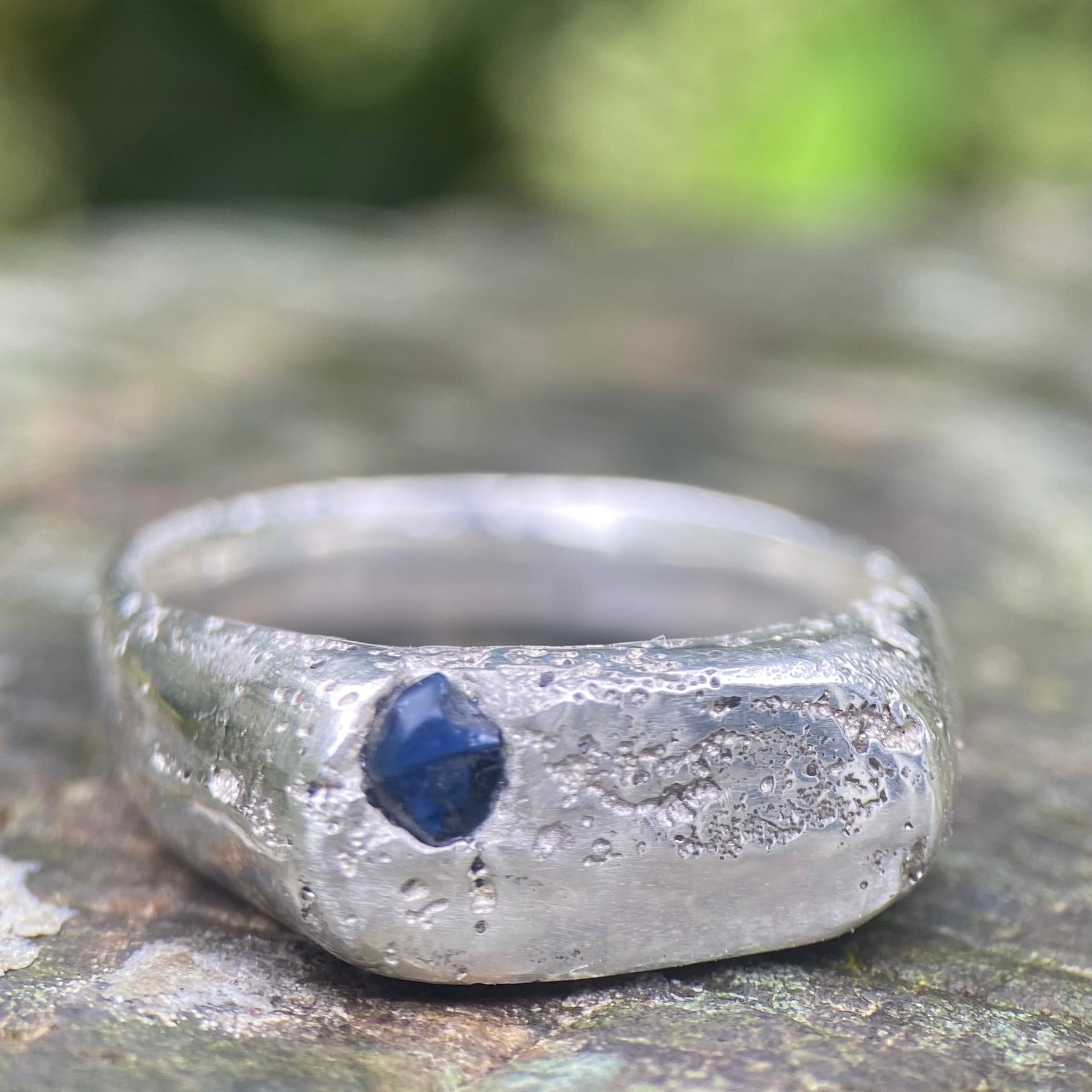 Raw Sapphire Rockpool Signet Ring, Size P, Sterling Silver