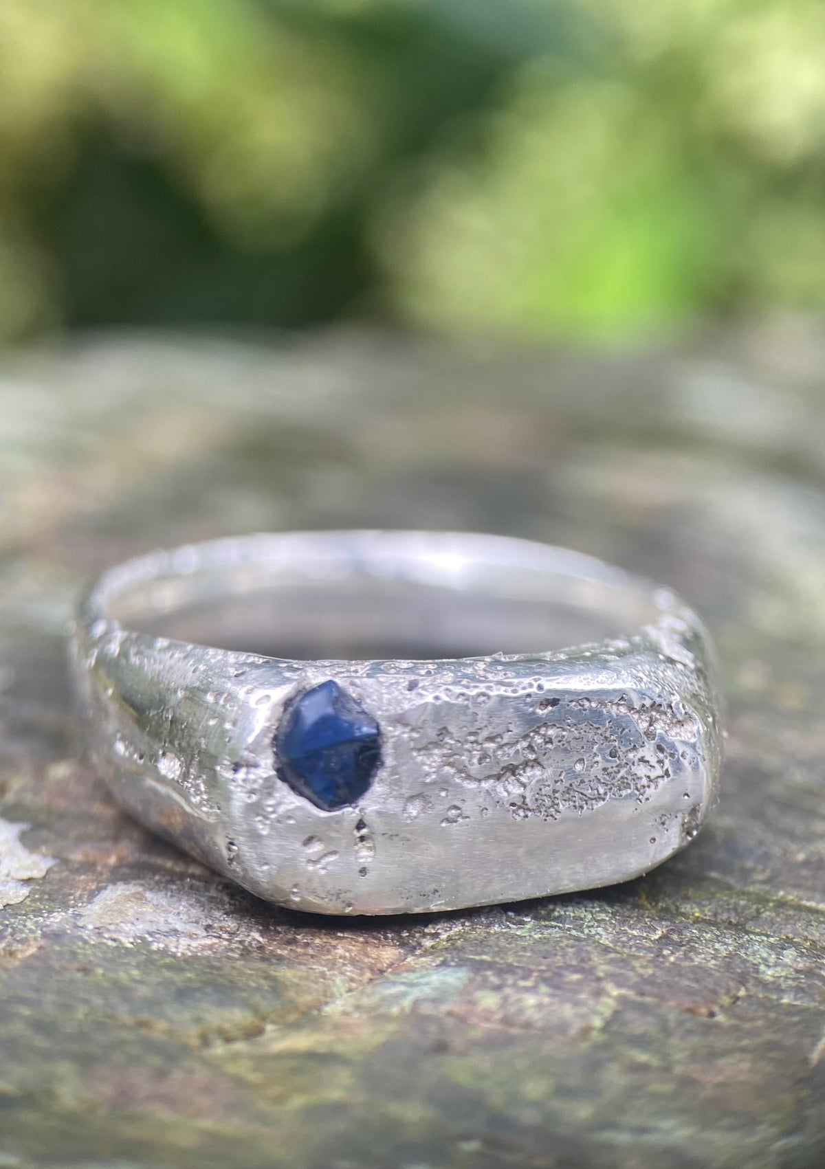 Raw Sapphire Rockpool Signet Ring, Size P, Sterling Silver