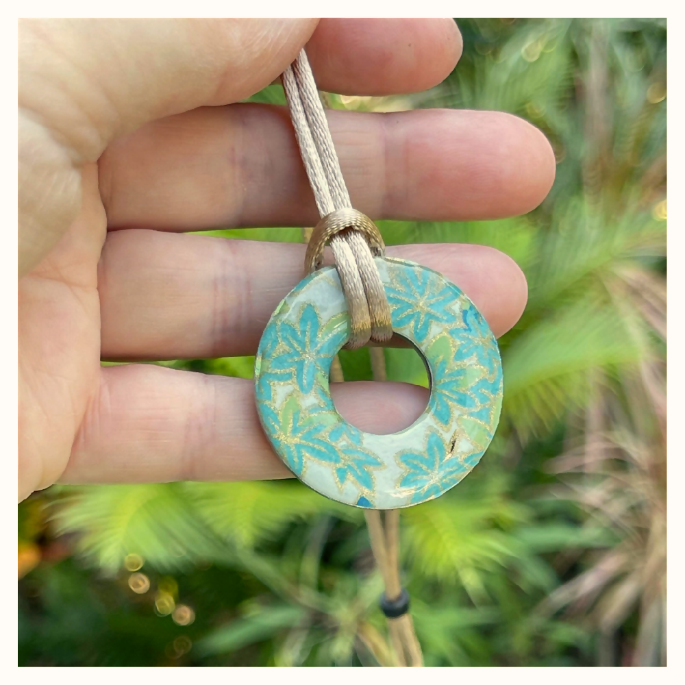 Turquoise and Gold Pattern Pendant with Adjustable Cord