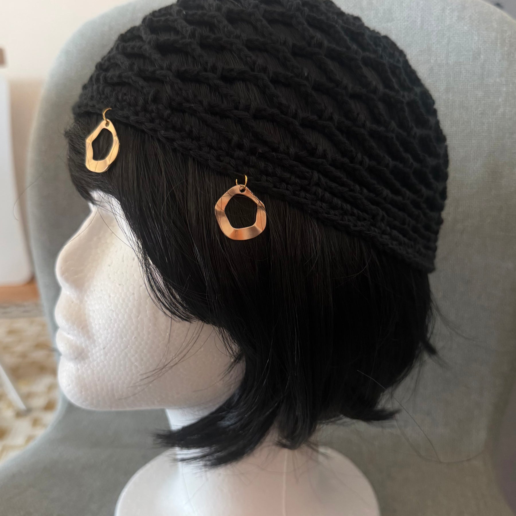 Handmade Black Crochet Hat with Gold Charms