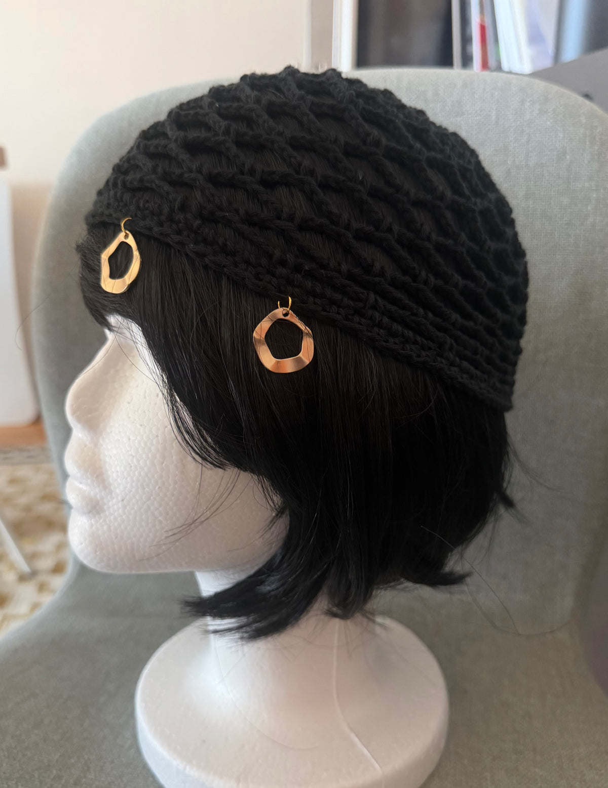 Handmade Black Crochet Hat with Gold Charms