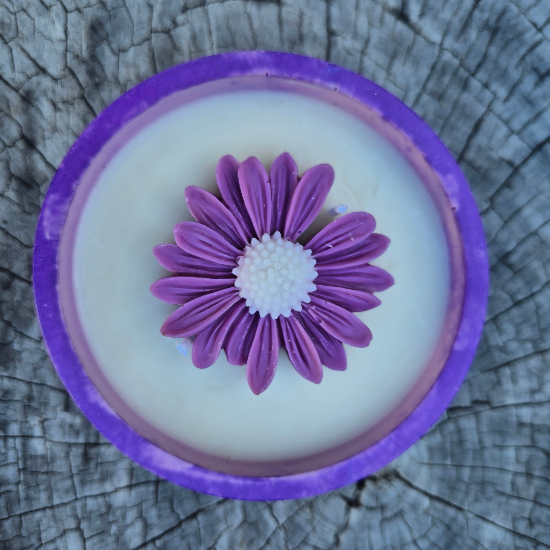 Round purple concrete bowl candle with rose soy wax daisy