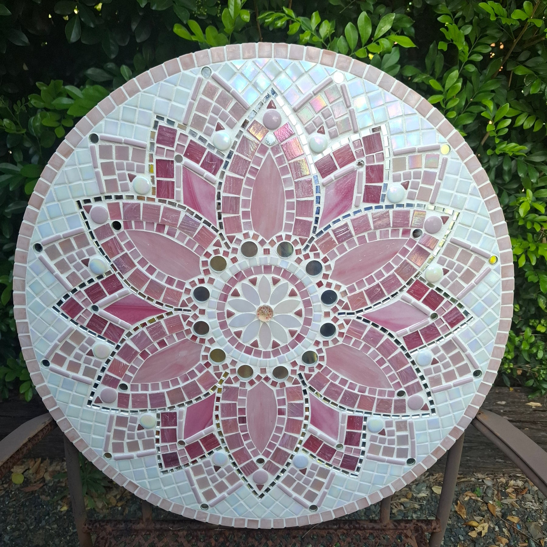 Gorgeous Mosaic Stained Glass Pink Mandala Wall Art, 58cm, ready to hang.