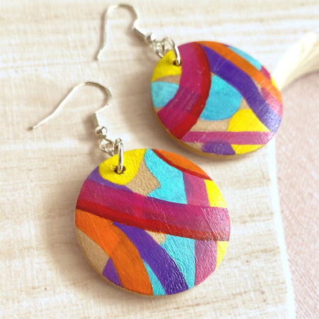 Colourful rainbow hand painted wood dangle earrings