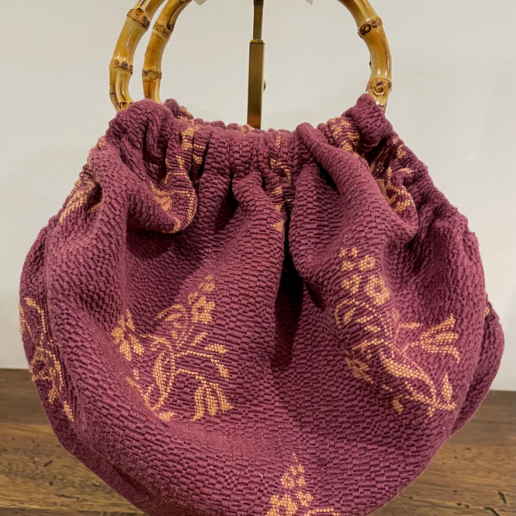 Dusty Pink Floral Tapestry Handbag, Bamboo Handles, Handmade