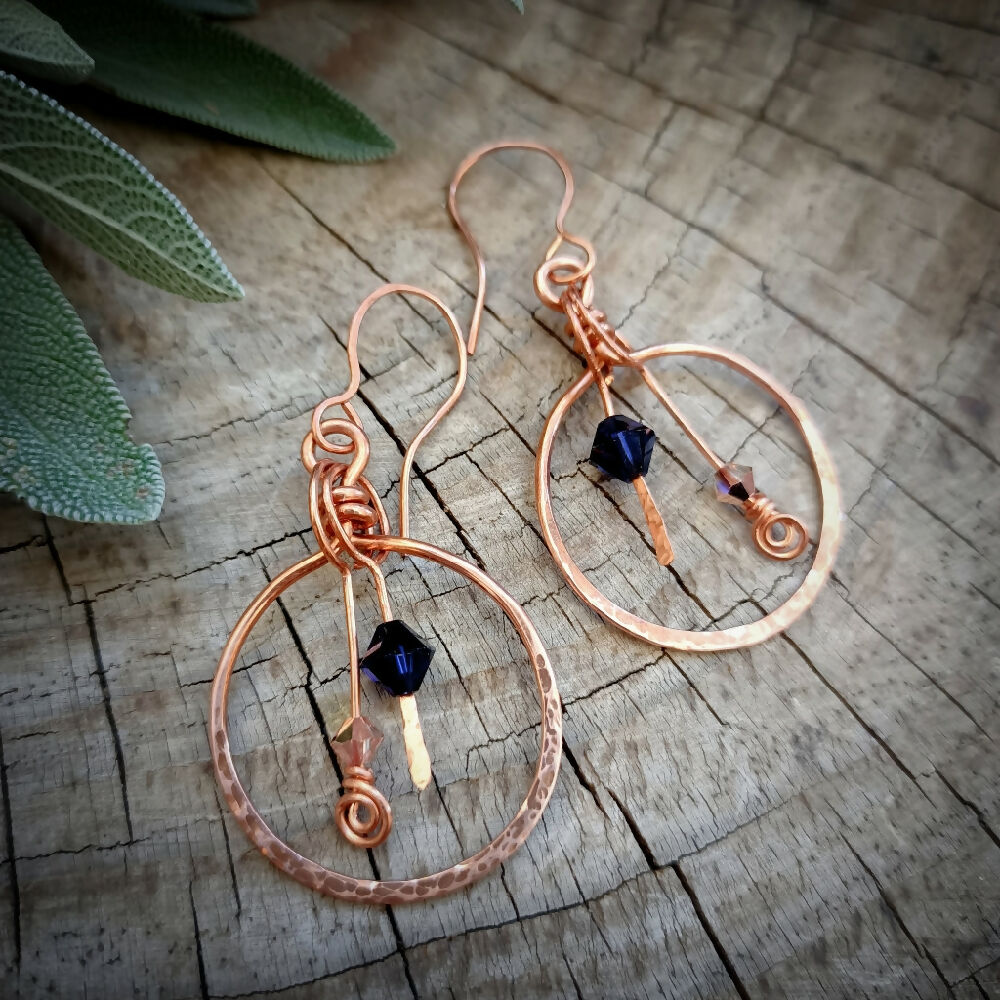 handmade copper hoop earrings with crystal dangles 2