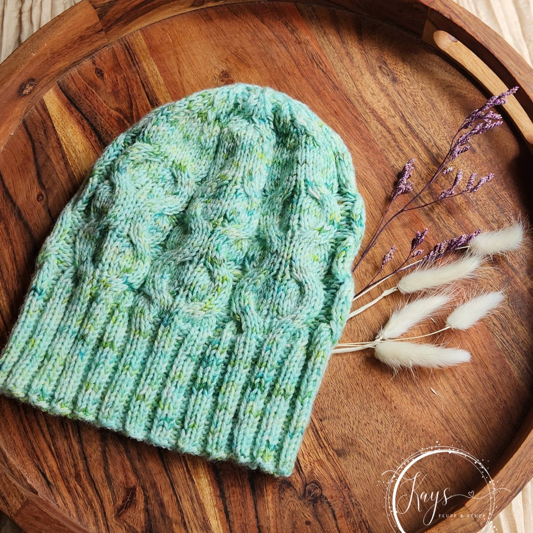 Handknit Green Beanie with removable pompom