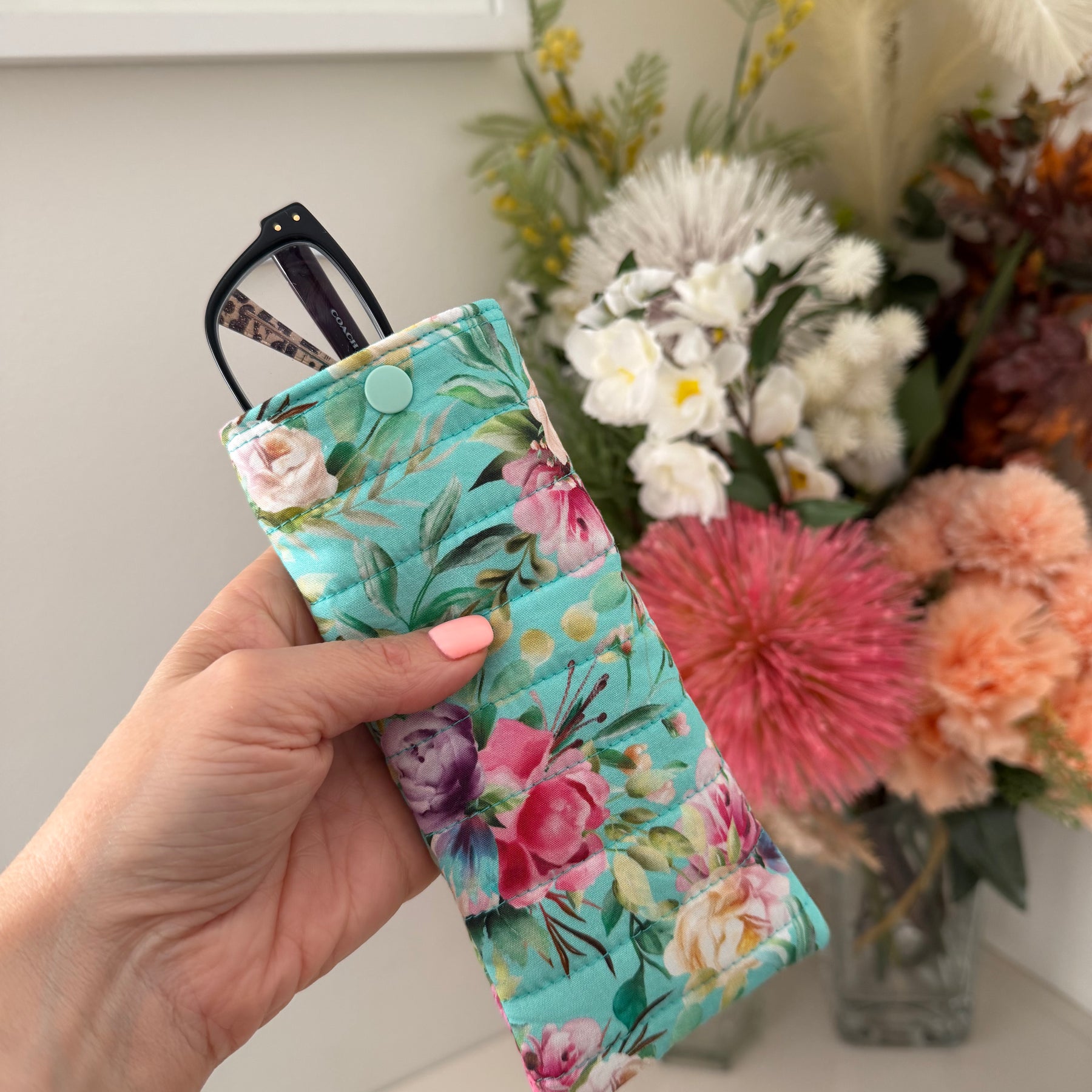 Quilted Glasses Case - Aqua Floral