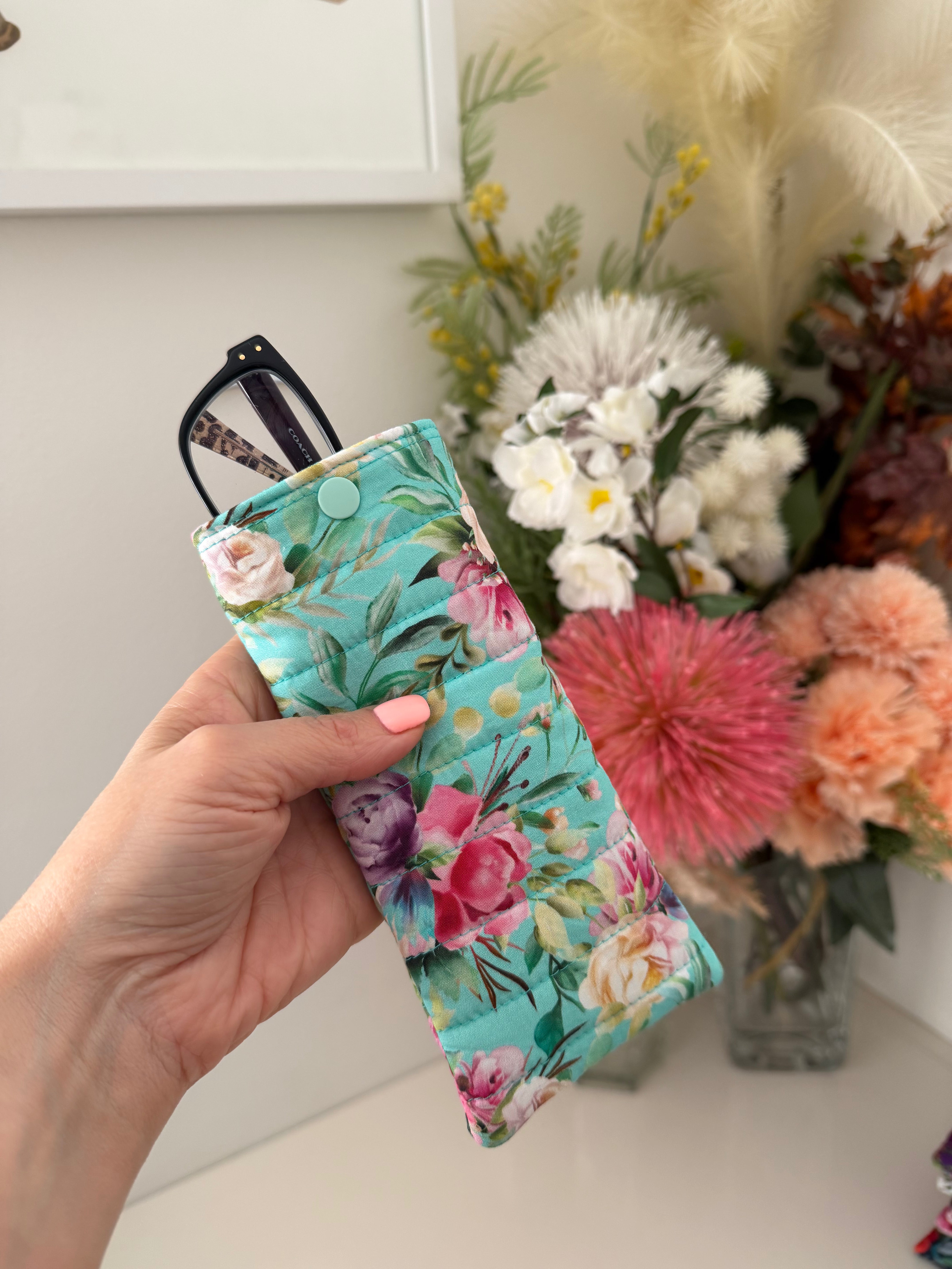 Quilted Glasses Case - Aqua Floral