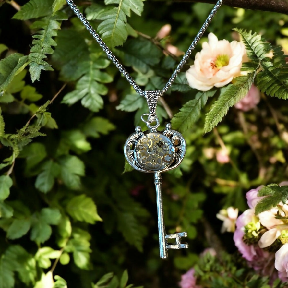 Steampunk watch pieces sillver key necklace