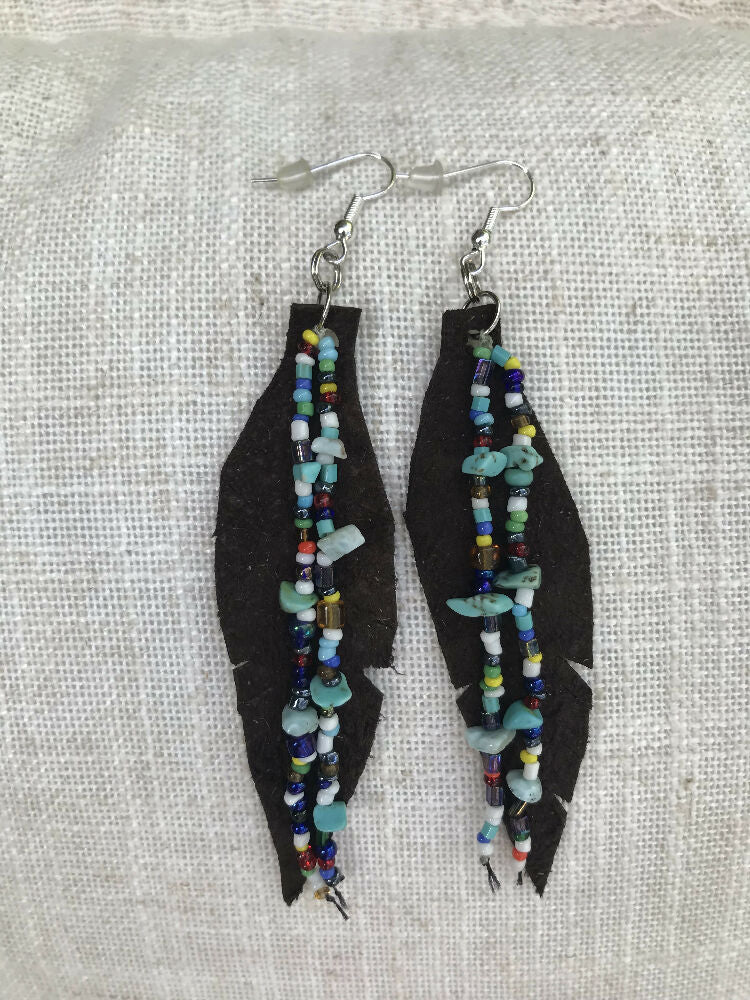 Dark Brown Leather Feather Earrings with 2 x Bead Strands