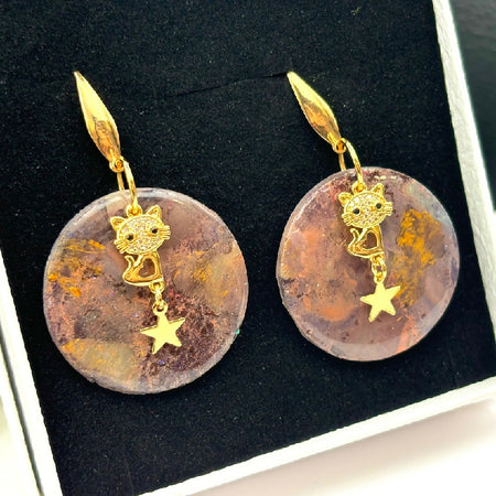 “Celestial Kitty” Earrings with Starry Gold Cat Charms