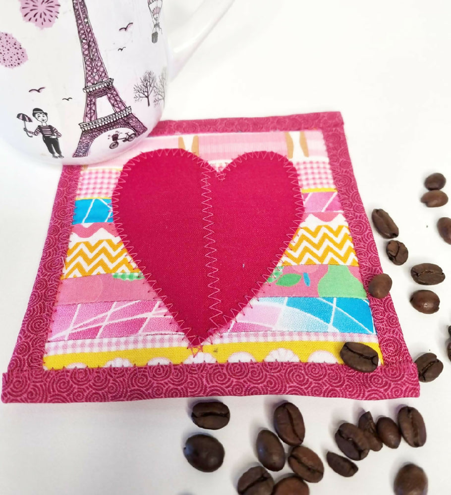 Pink Mug Rug with Heart - Single Coaster - FREE SHIPPING!