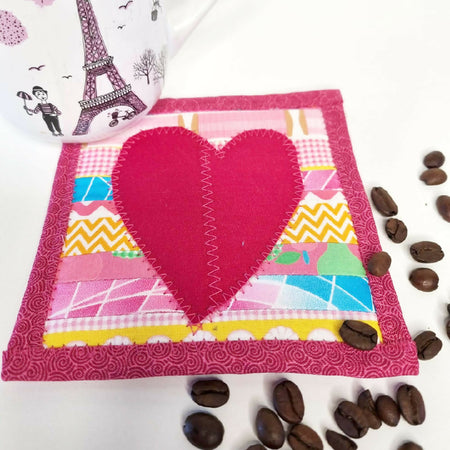 Pink Mug Rug with Heart - Single Coaster - FREE SHIPPING!