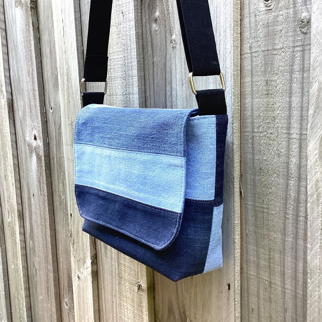 Upcycled Denim Cross Body Messenger Bag - Blue Stripes