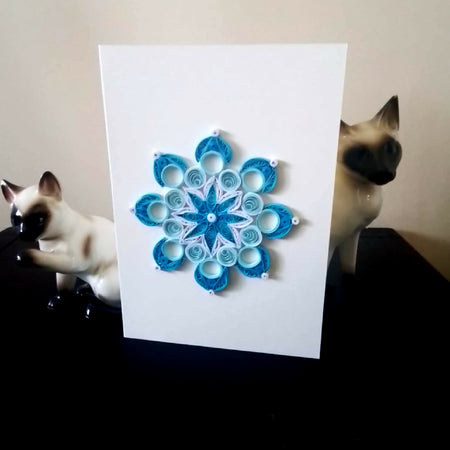 Handmade blue and white mandala, paper quilled greeting card