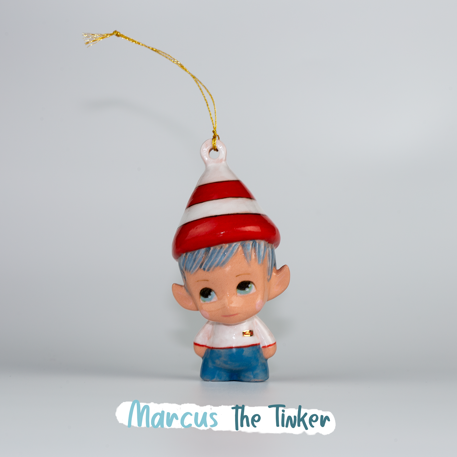 Marcus, the Tinker Elf. One-of-a-kind Handmade Porcelain Christmas ELF figurine ornament.