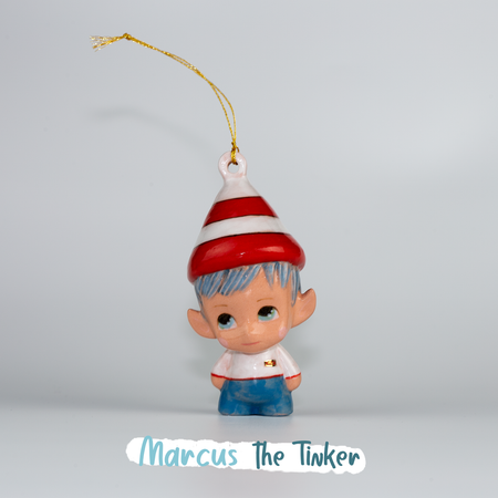 Marcus, the Tinker Elf. One-of-a-kind Handmade Porcelain Christmas ELF figurine ornament.