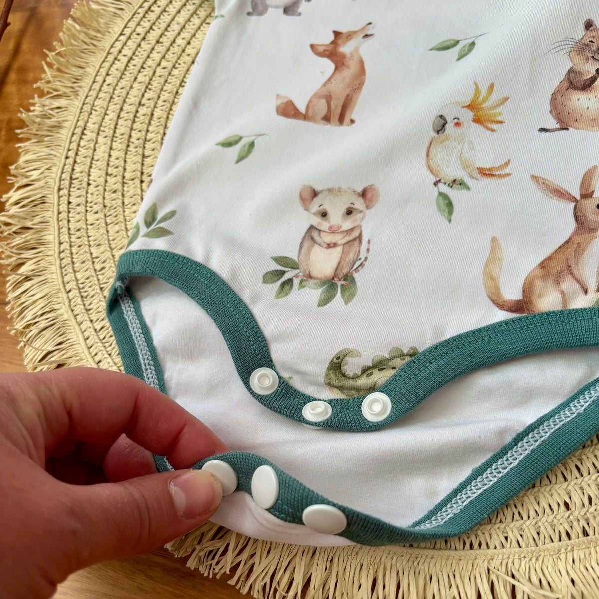 Baby Short Sleeved Bodysuit | Dark Green Aussie Animals | Size premmie to 2 | Made to order