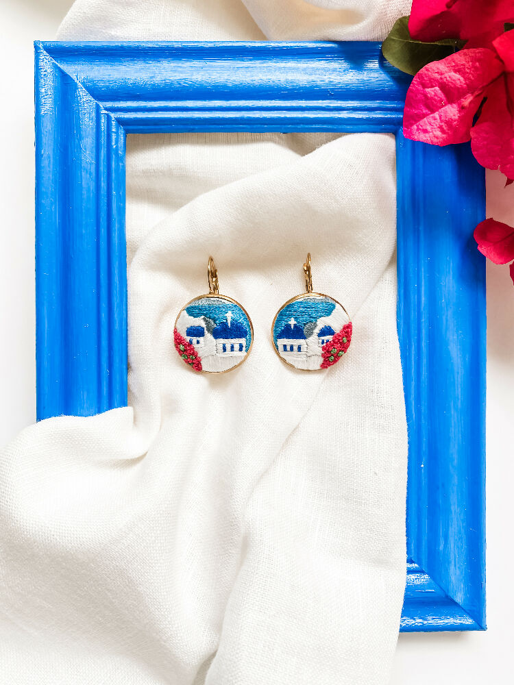 Santorini Hand Embroidered Earrings – Timeless Beauty of the Greek Islands - Round