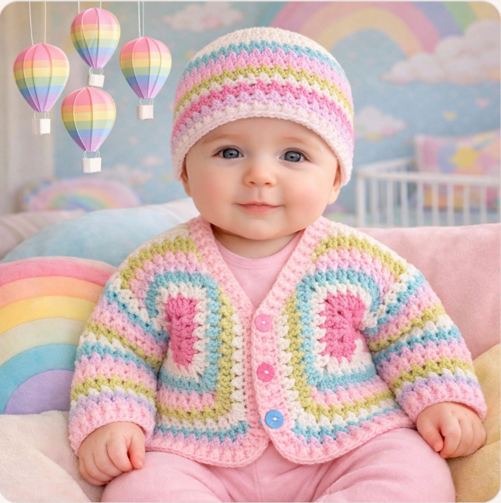 MAISIE Multi Coloured Criss Cross Hexi Baby Cardigan and Beanie Set