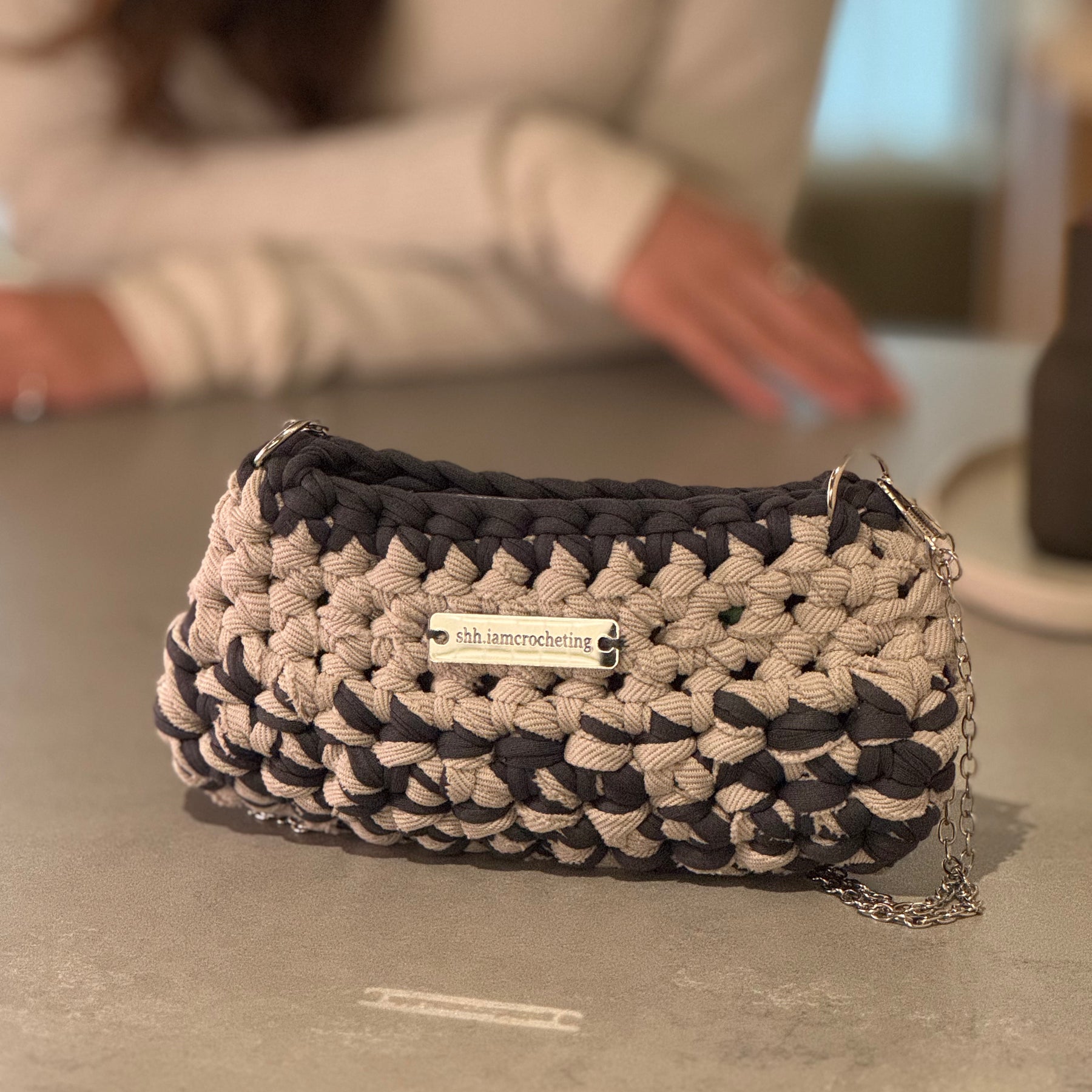 Mini Shoulder Bag | Handmade Crochet Accessary | Stone x Charcoal Cotton & Recycled T-shirt Yarn