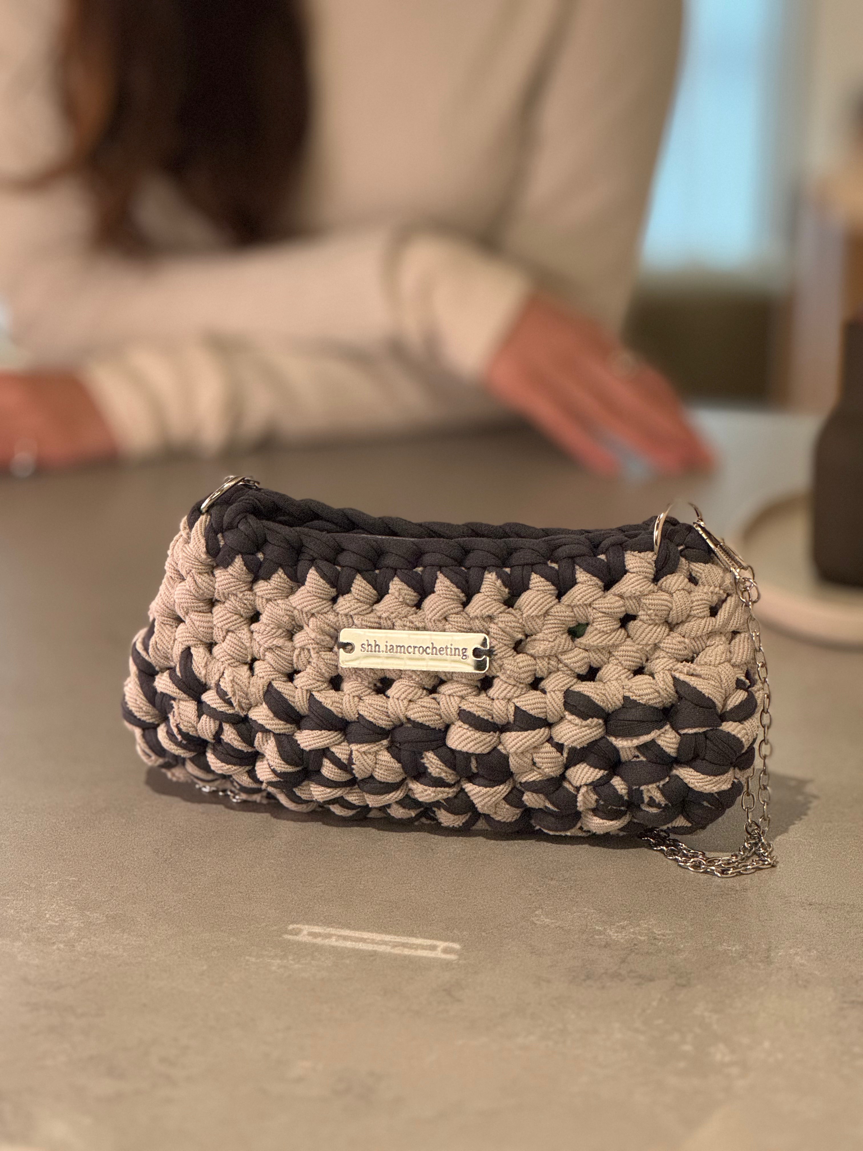 Mini Shoulder Bag | Handmade Crochet Accessary | Stone x Charcoal Cotton & Recycled T-shirt Yarn